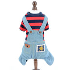 SMALLLEE_LUCKY_STORE Pet Stripe Sweater Shirt Denim Overalls for Small Dogs Cats Boy Girl Tshirt Pants 4 Legged Outfits Puppy Jumpsuit Yorkie Chihuahua ClothesRedSize XS