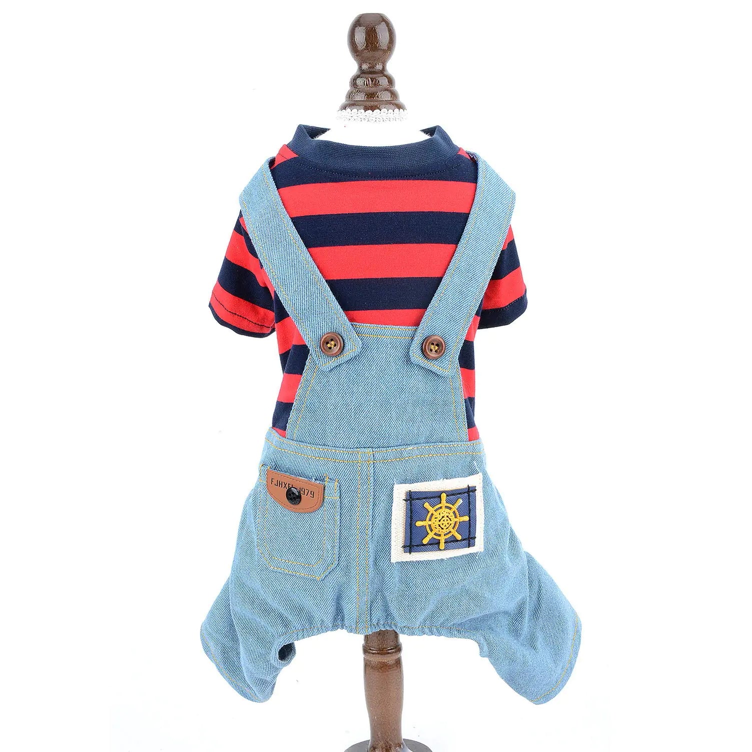 SMALLLEE_LUCKY_STORE Pet Stripe Sweater Shirt Denim Overalls for Small Dogs Cats Boy Girl Tshirt Pants 4 Legged Outfits Puppy Jumpsuit Yorkie Chihuahua ClothesRedSize XS