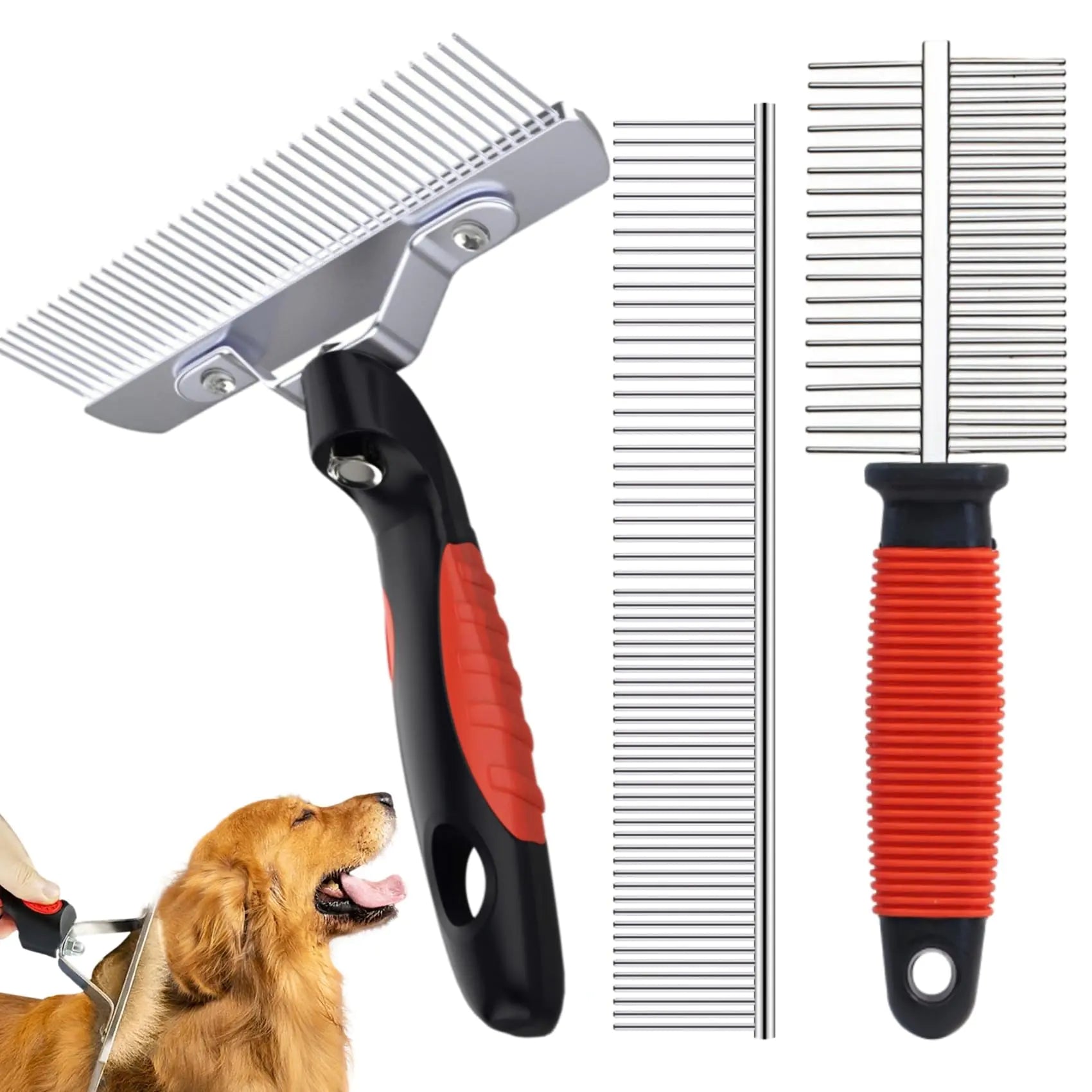 Undercoat Rake Brush Set 3 Pack Long-Tooth Pet Brush - Dog Rake Brush & Steel Shedding Comb & Double-Sided Teech Comb for Double Coat Large Dogs Horses