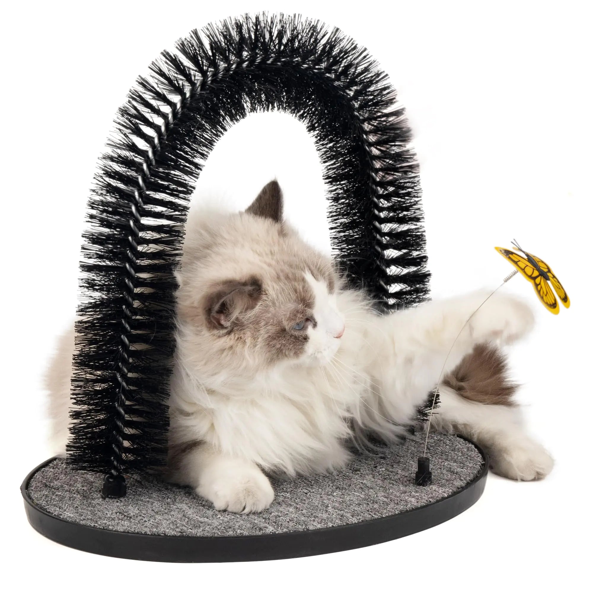 PetPrime Cat Arch Groomer Self Grooming Cat Back Scratcher Cat Brush Arch Massager Self Groomer Cat Brush Self Cleaning Cat Scratcher Brush Upgraded Version with Interactive Butterfly for Indoor Cats