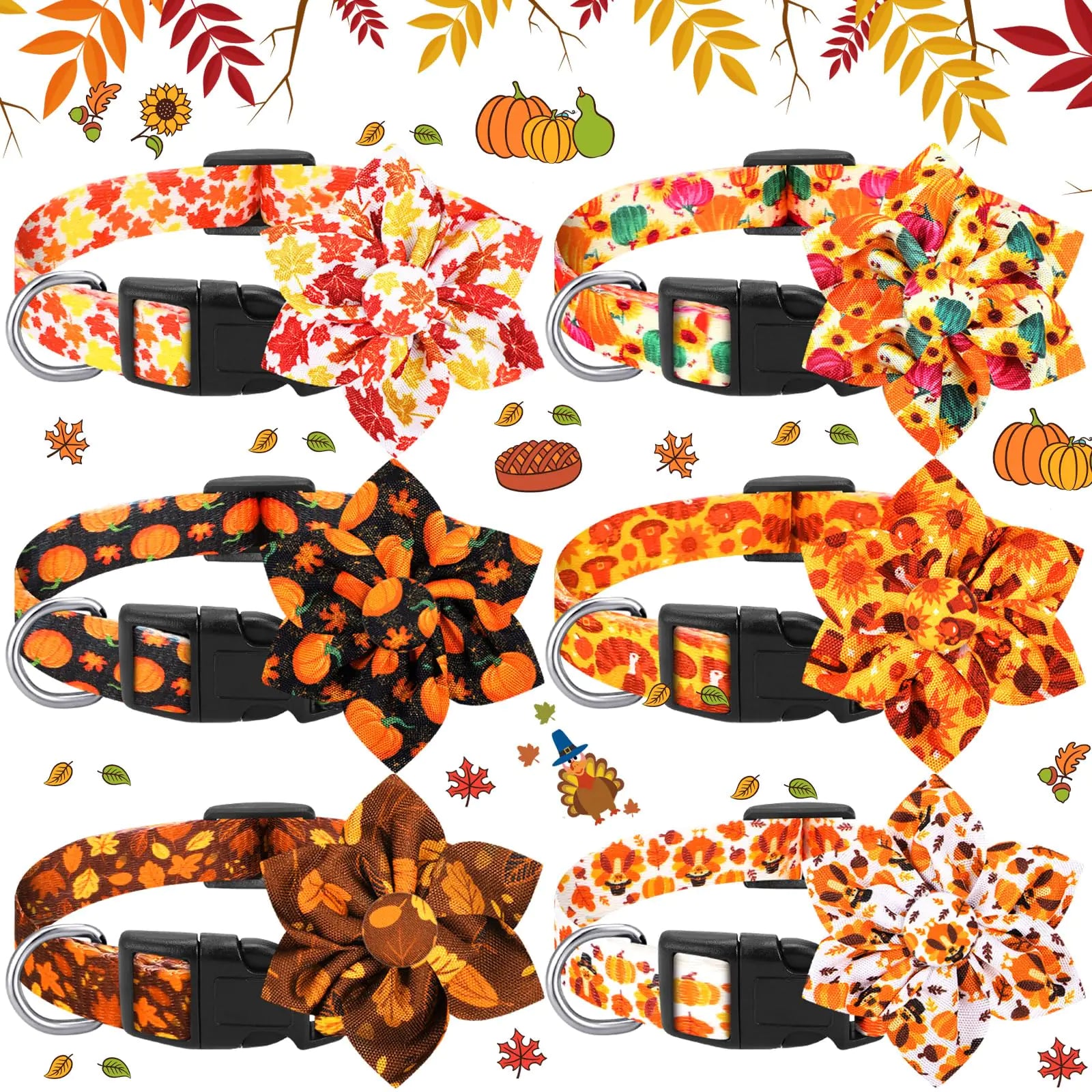 Silkfly 6 Pcs Fall Dog Collars for Dogs Adjustable Thanksgiving Dog Collar with Flower Pumpkin Floral Dog Collar Turkey Maple Leaf Collars Dogs Accessories with Plastic Buckle for Pet(Small)
