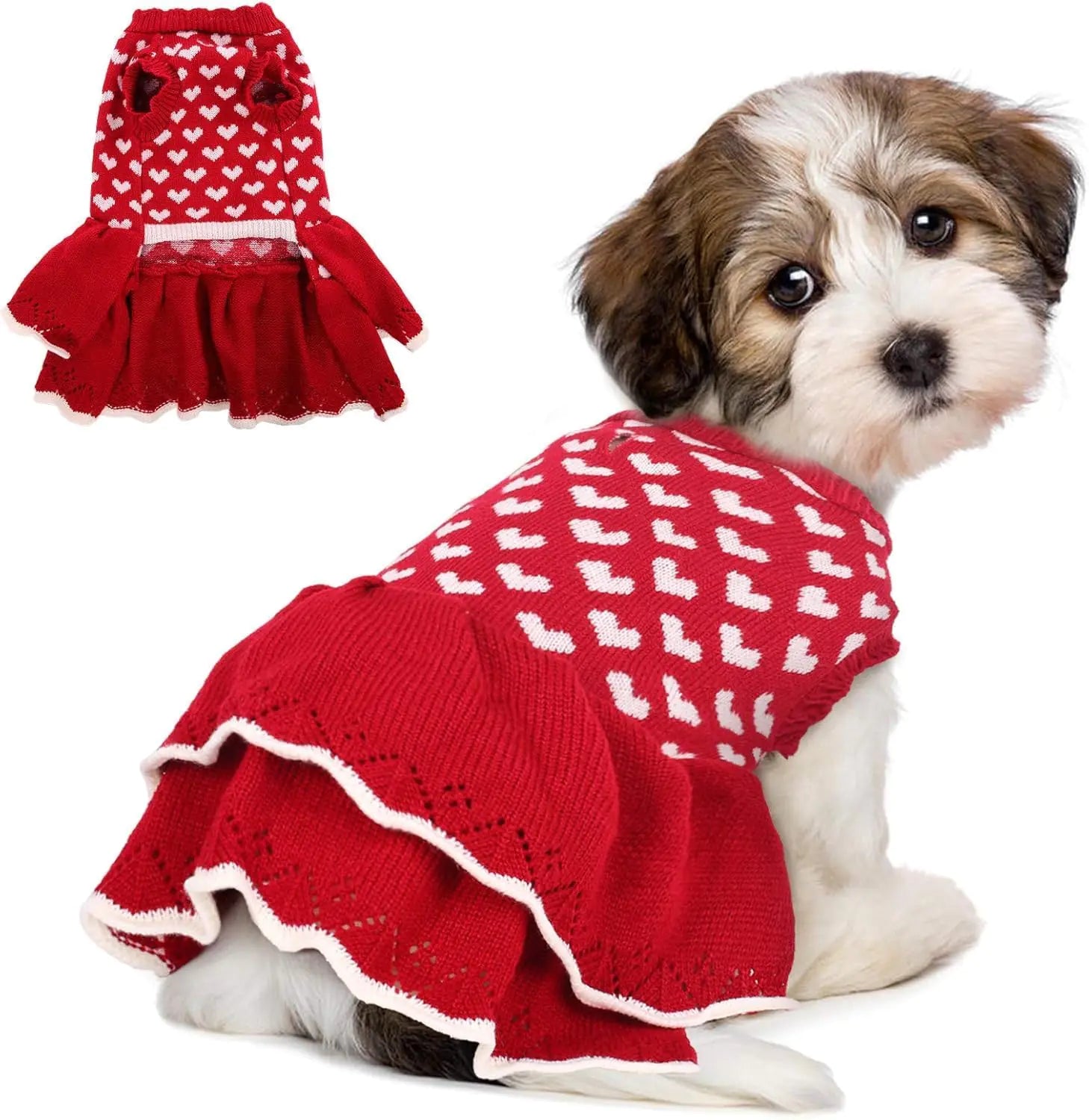 LETSQK Winter Dog Sweater Dress with Turtleneck Vest for Female Dogs Cozy Red Knitwear Pullover with Bow for Fall Winter and Christmas Holiday Stylish and Warm Pet Sweater for Girls DarkRed S