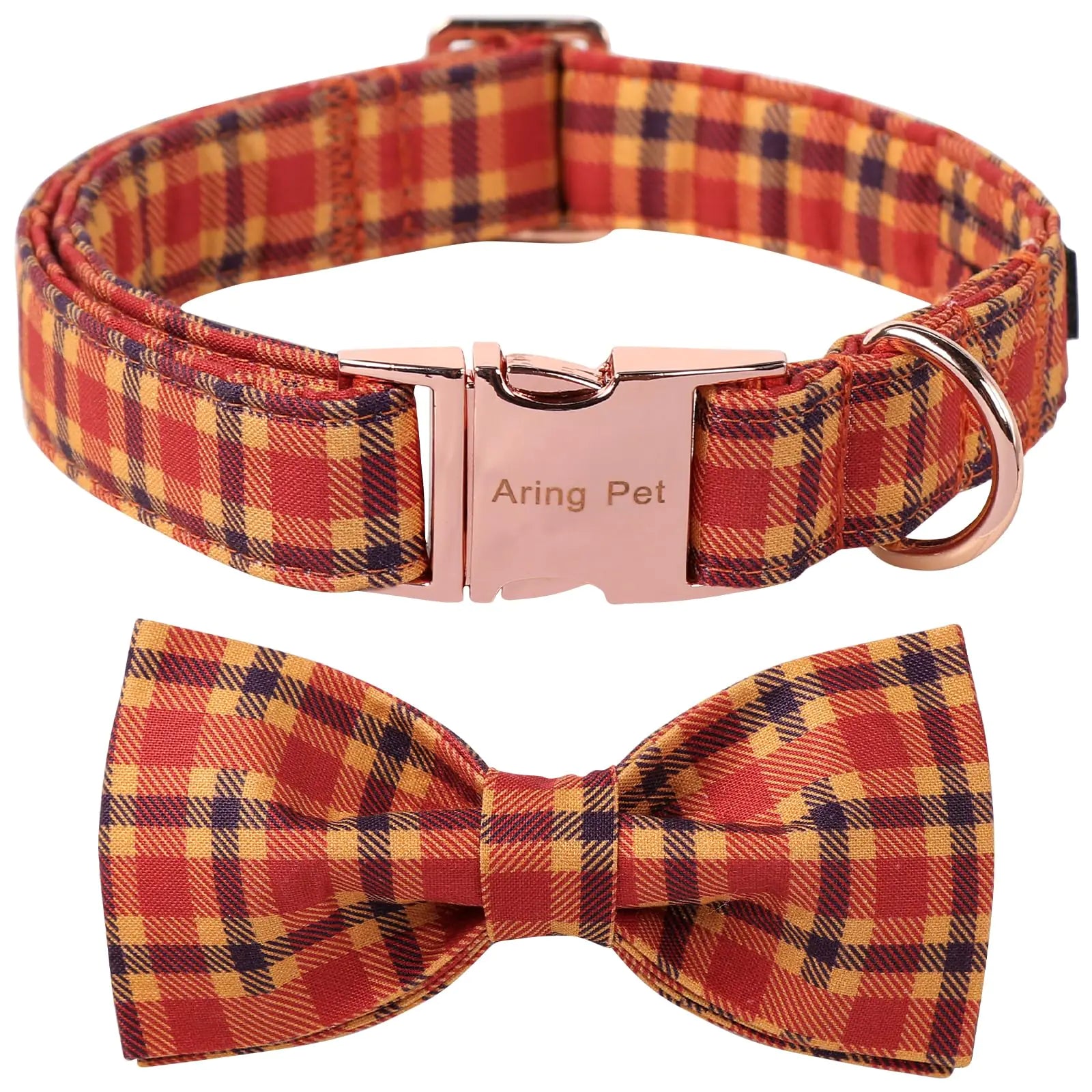 ARING PET Fall Dog Collar-Cotton Halloween Plaid Dog Collar with Bow Adjustable Orange Autumn Bowtie Dog Collars Pet Necklace with Metal Buckle for Girl&Boy Dogs