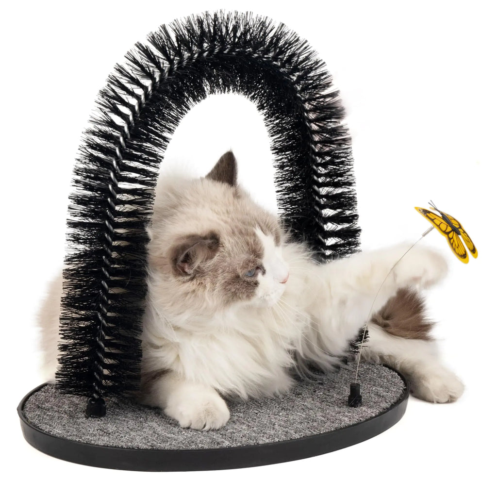 PetPrime Cat Arch Groomer Self Grooming Cat Back Scratcher Cat Brush Arch Massager Self Groomer Cat Brush Self Cleaning Cat Scratcher Brush Upgraded Version with Interactive Butterfly for Indoor Cats
