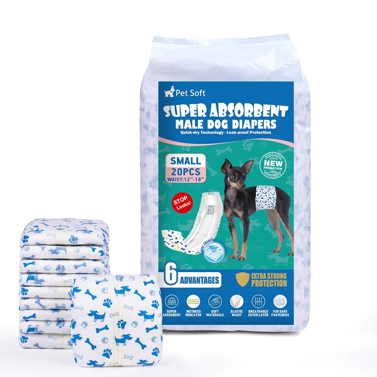Pet Soft Male Dog Diapers - Disposable Male Dog Wraps Wetness Indicator Puppy Diapers Male for Excitable Urination or Incontinence 20pcs Small